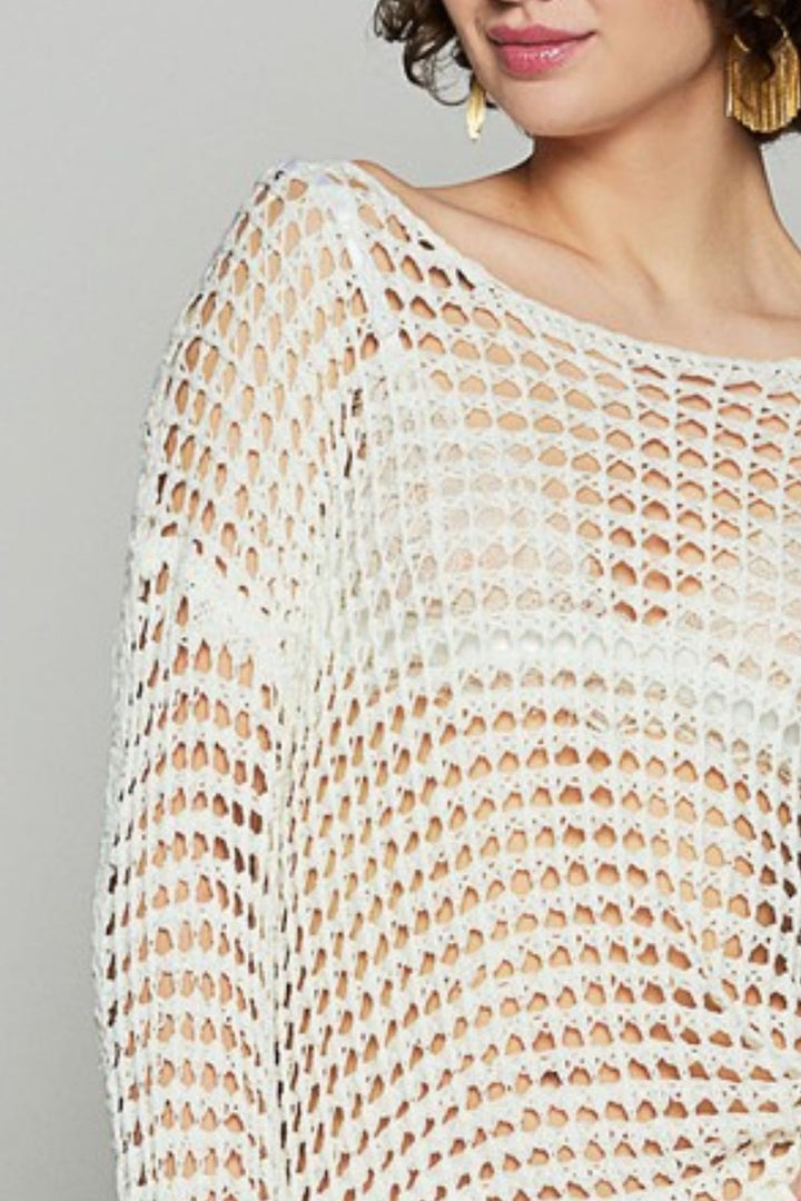 POL Side Slit Openwork Long Sleeve Knit Cover Up Tops