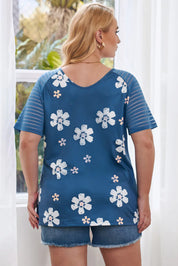 Plus size V-neck raglan sleeve tee in blue floral print