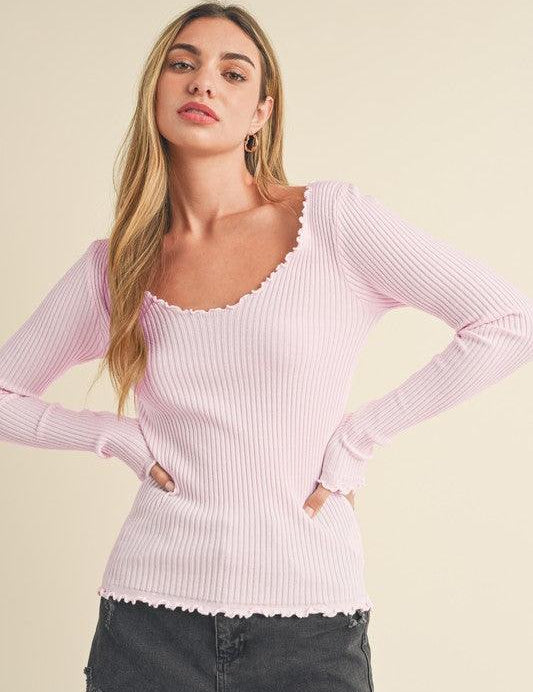 Blush Pink S Aemi + Co Lettuce Hem Scoop Neck Long Sleeve Knit Top | Tops Daverri Fashions