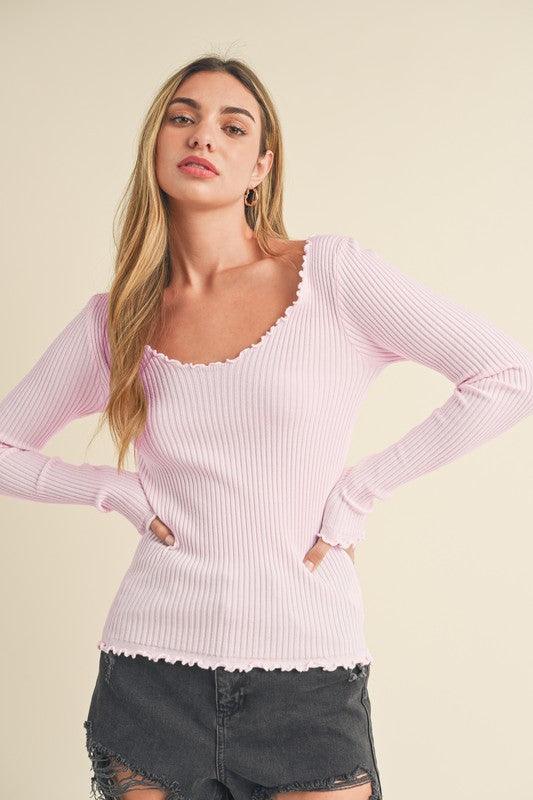 Aemi + Co Lettuce Hem Scoop Neck Long Sleeve Knit Top Blush Pink S