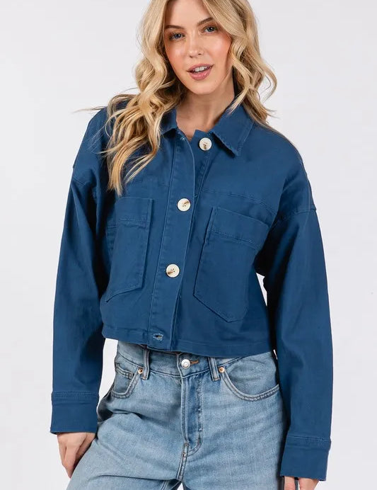 Peacock Blue bytos Button Down Cropped Denim Jacket with Patch Pockets | Daverri Fashions