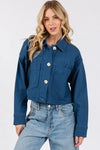 bytos Button Down Cropped Denim Jacket with Patch Pockets - DAVERRI FASHIONS