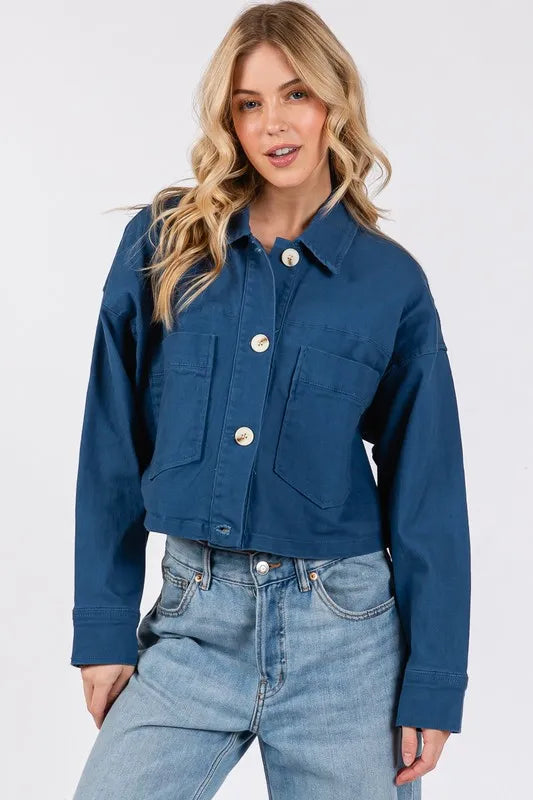bytos Button Down Cropped Denim Jacket with Patch Pockets Peacock Blue