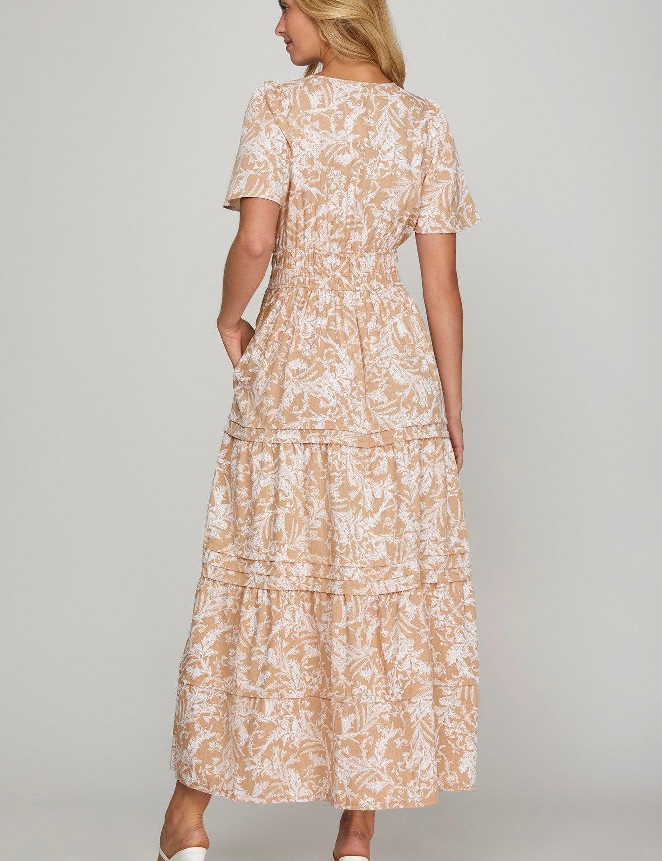 She + Sky Printed Notched Woven Tiered Pintuck Maxi Dress with Side Pockets | Daverri Fashions