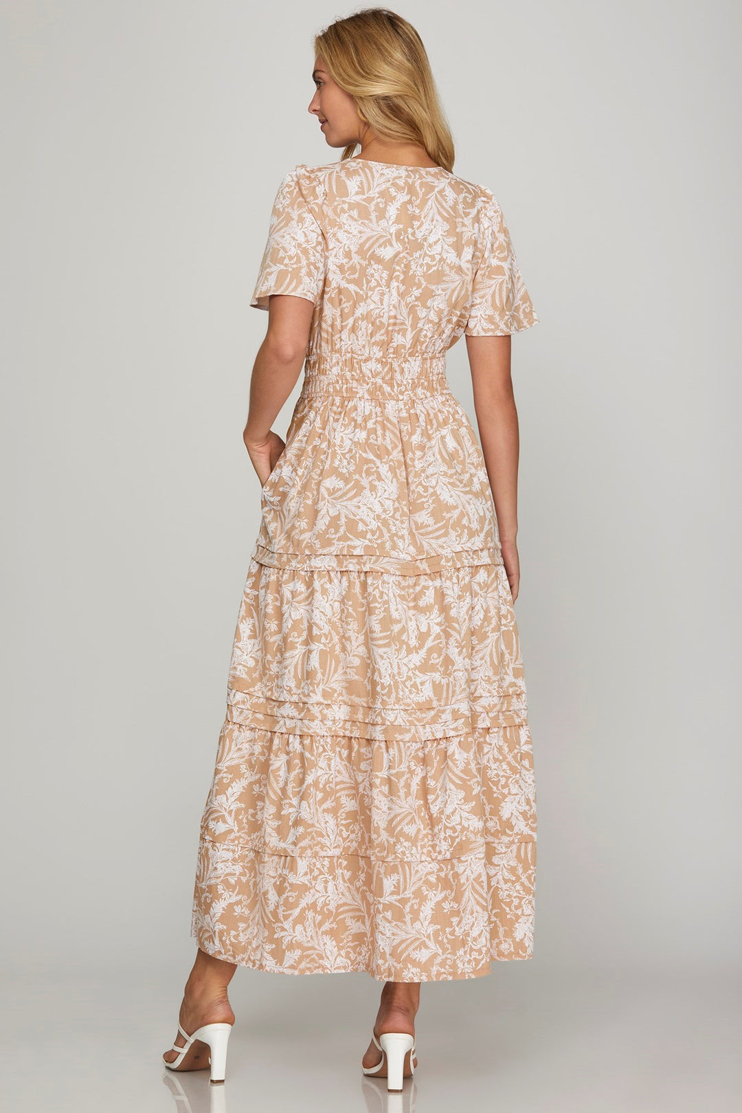 She + Sky Printed Notched Woven Tiered Pintuck Maxi Dress with Side Pockets