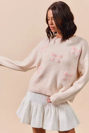 SO ME Embroidered Ribbon Round Neck Sweater | Sweaters Daverri Fashions