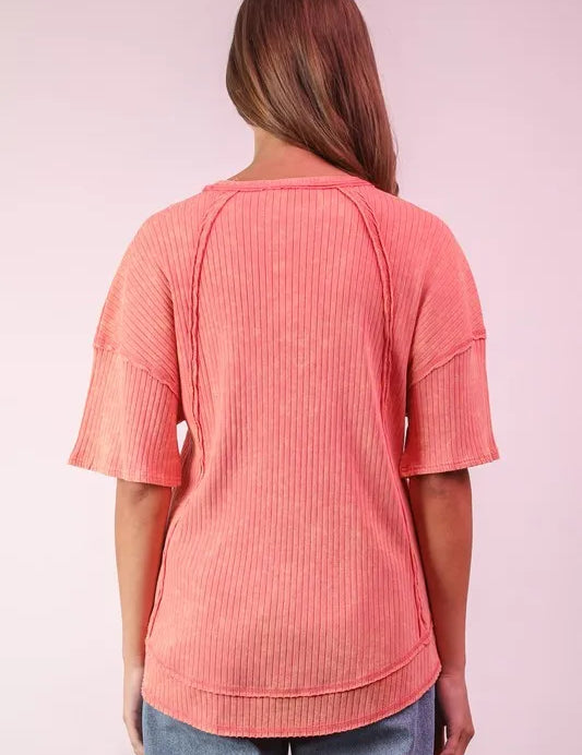 VERY J Mineral Washed Ribbed Knit Casual Top | Knit Tops Daverri Fashions