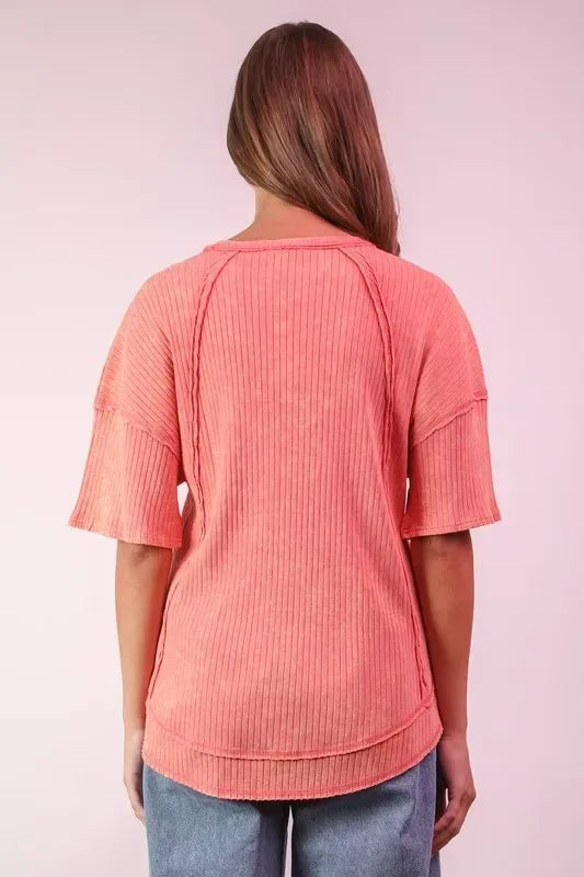 VERY J Mineral Washed Ribbed Knit Casual Top - DAVERRI FASHIONS