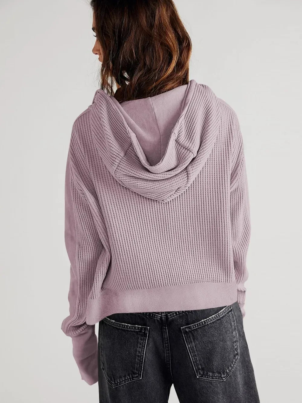 Waffle-Knit Dropped Shoulder Hooded Jacket - DAVERRI FASHIONS