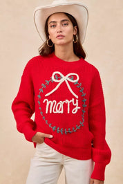 BiBi Christmas Wreath Merry Letter Knit Top | Knit Tops Daverri Fashions