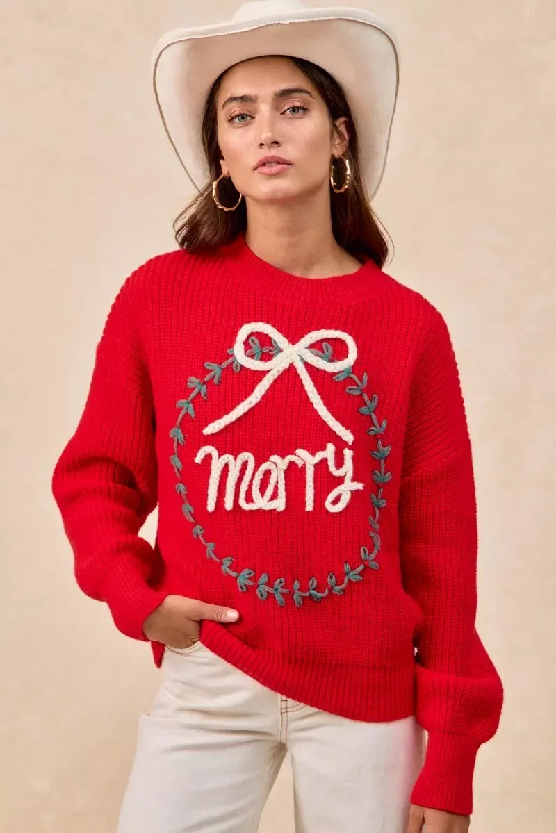 BiBi Christmas Wreath Merry Letter Knit Top - DAVERRI FASHIONS