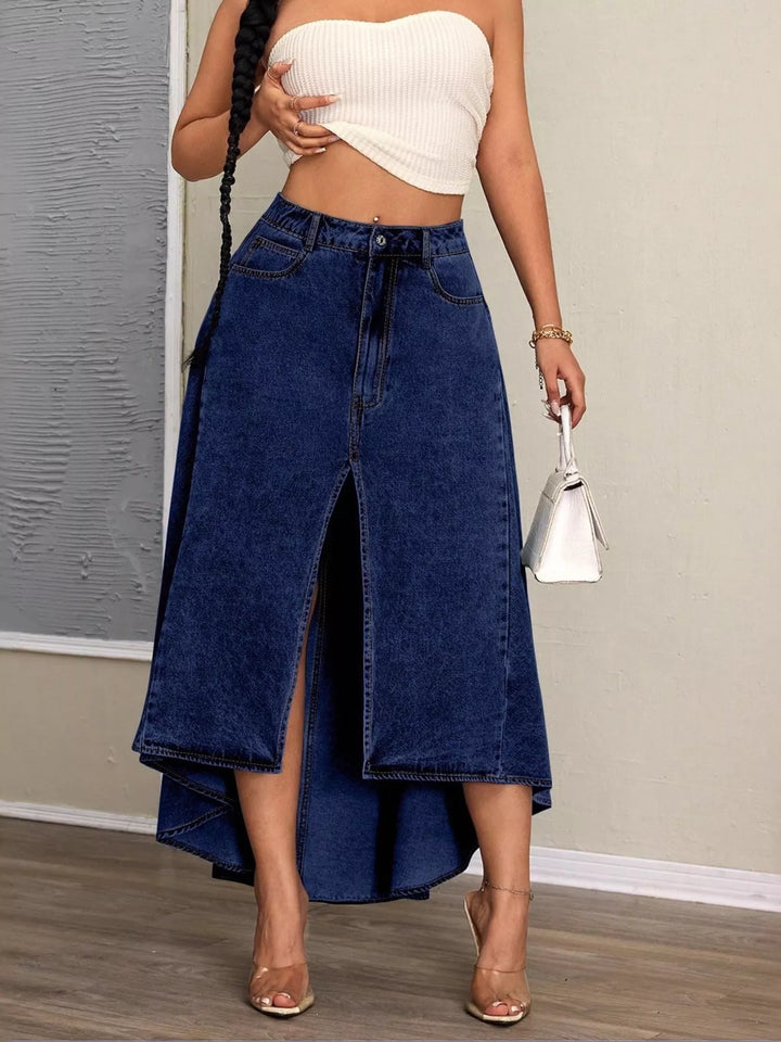 High-Low Slit Denim Skirt | Skirts Daverri Fashions