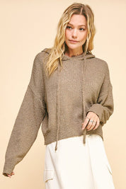 Davi & Dani Drop Shoulder Long Sleeve Hooded Sweater Camel Tops