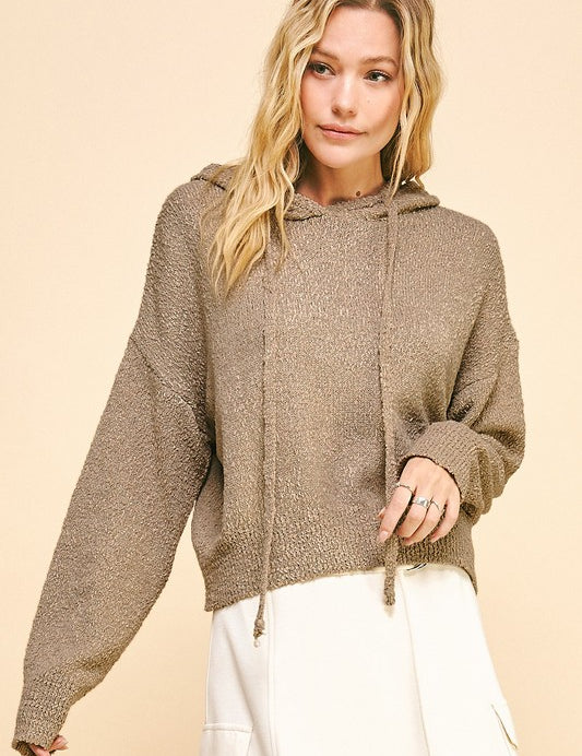 Davi & Dani Drop Shoulder Long Sleeve Hooded Sweater Camel Tops