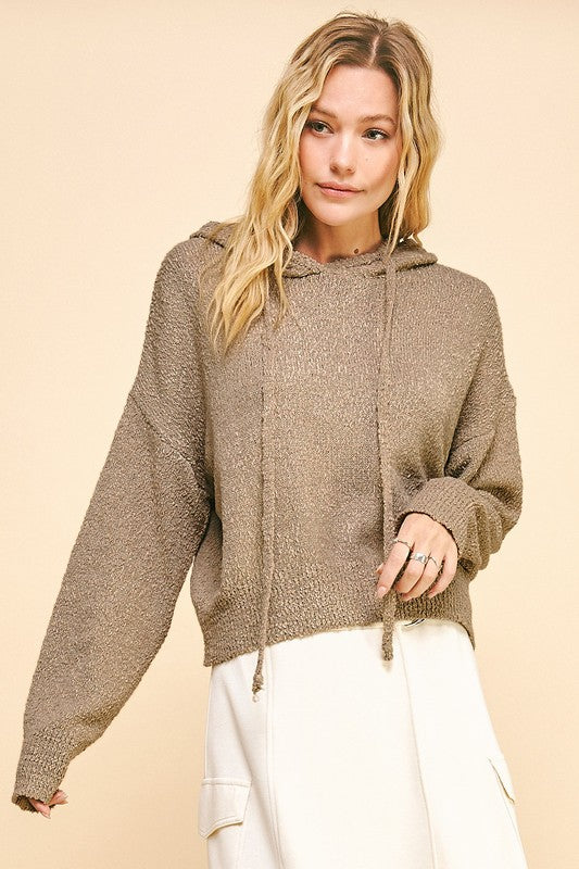 Davi & Dani Drop Shoulder Long Sleeve Hooded Sweater Camel Sweaters