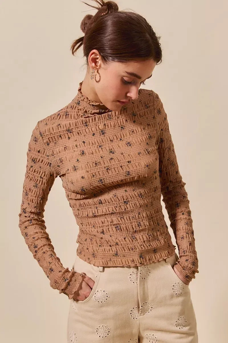 SO ME Floral Print Textured Long Sleeve Knit Top - DAVERRI FASHIONS