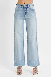 Light RISEN Full Size Tummy Control High Rise Ankle Wide Cuffed Jeans Plus Size | Daverri Fashions