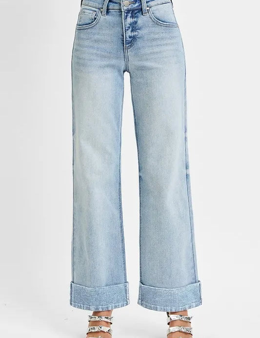 Light RISEN Full Size Tummy Control High Rise Ankle Wide Cuffed Jeans Plus Size | Daverri Fashions