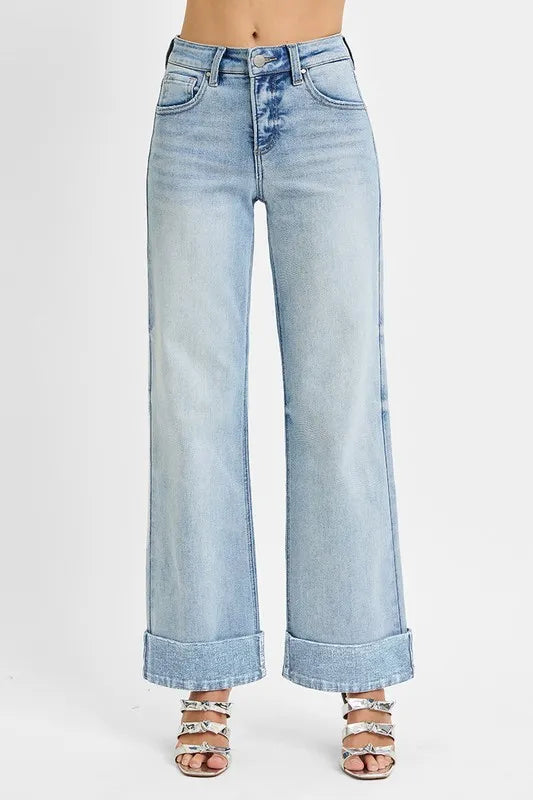 RISEN Full Size Tummy Control High Rise Ankle Wide Cuffed Jeans Plus Size Light