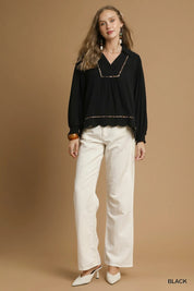 Umgee Full Size Linen Scallop Hem Blouse with Contrast Trim Plus Size | Daverri Fashions