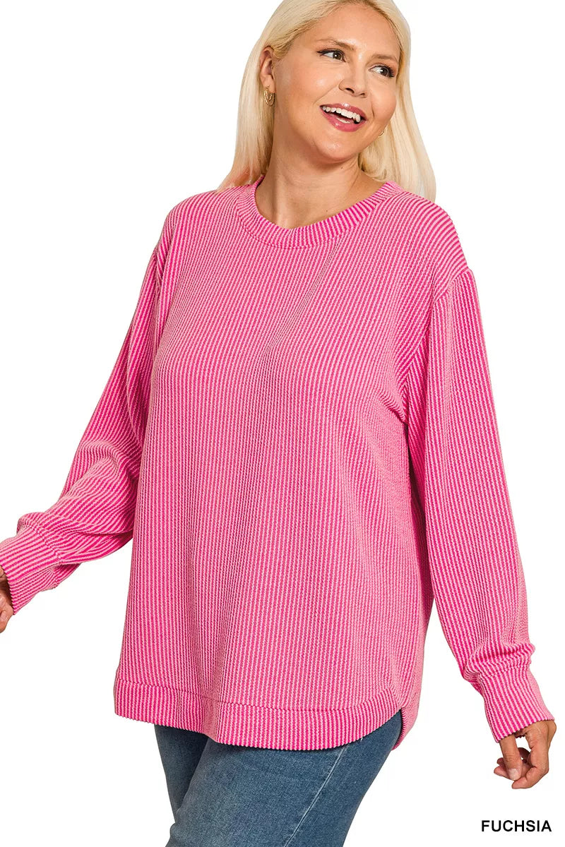 Zenana Full Size Raised Rib Round Neck Long Sleeve Top Plus Size | Daverri Fashions