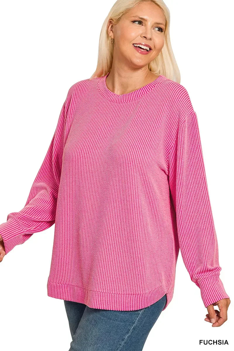 Zenana Full Size Raised Rib Round Neck Long Sleeve Top Plus Size - DAVERRI FASHIONS