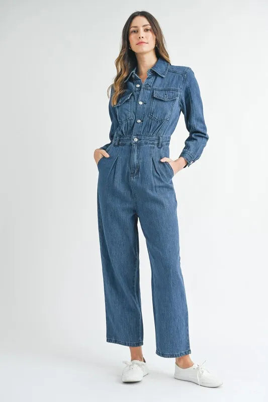 MABLE Cinched Waist Straight Leg Denim Jumpsuit Jumpsuits