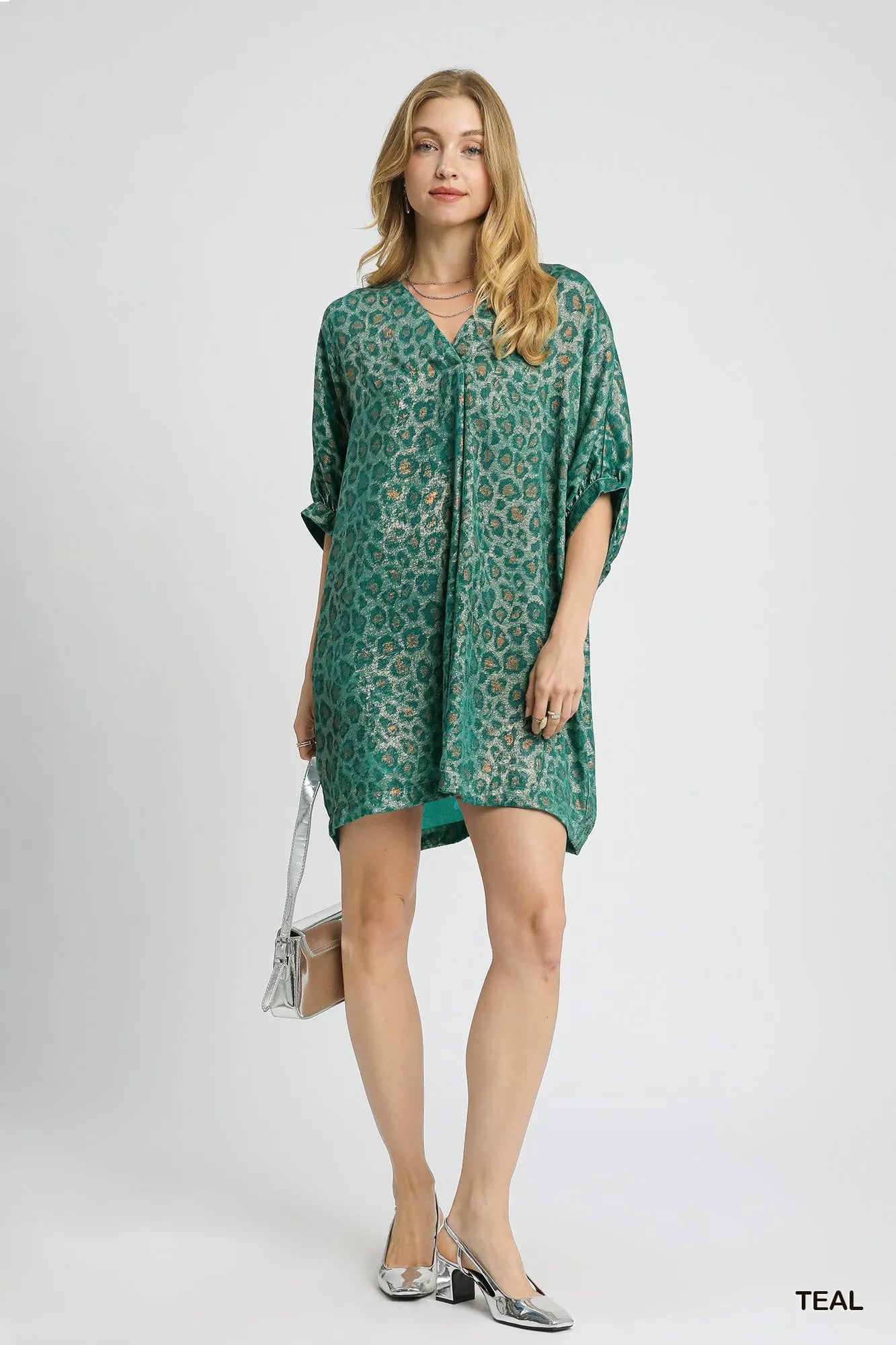 Umgee Metallic Leopard Print V-Neck Kimono Dress | Daverri Fashions