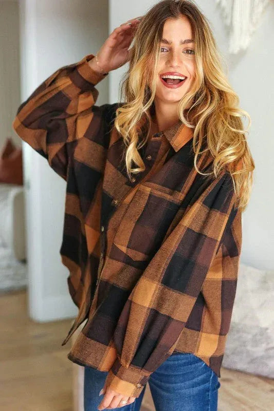 Rock'n Plaid Camel & Charcoal Button Down Oversized Shirt - DAVERRI FASHIONS