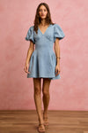 SO ME Bubble Sleeves light blue denim fit and flare mini dress