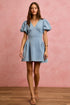 SO ME Bubble Sleeves light blue denim fit and flare mini dress