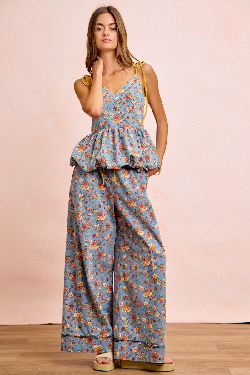 Woman in BiBi Floral Printed Drawstring Wide Pants peplum top set