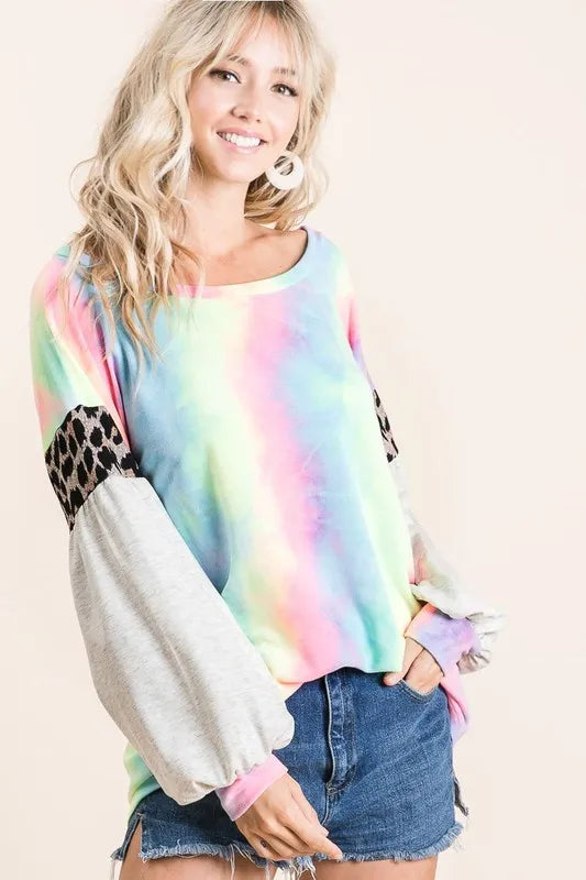 BiBi Tie Dye Terry Top with Contrast Puff Sleeves