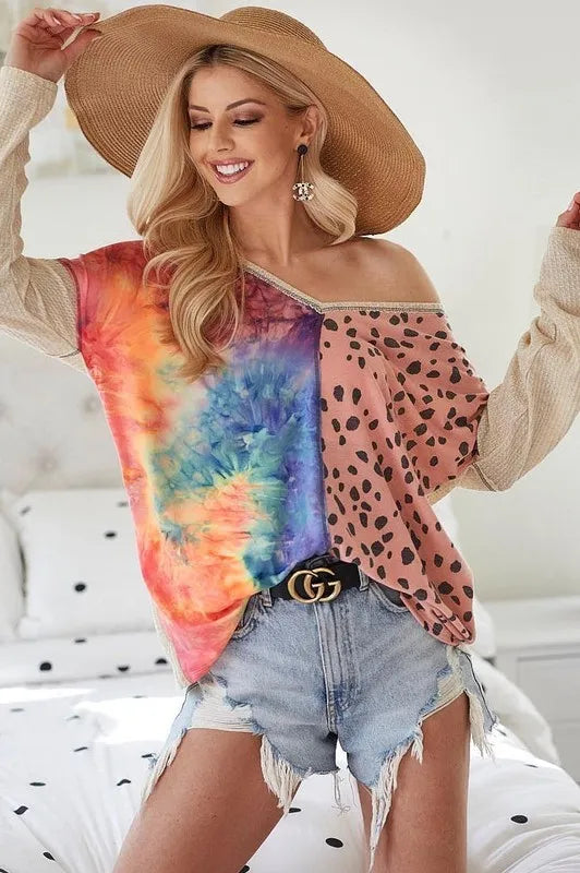 BiBi Print Block V Neck Top with Contrast Stitching BLUSH