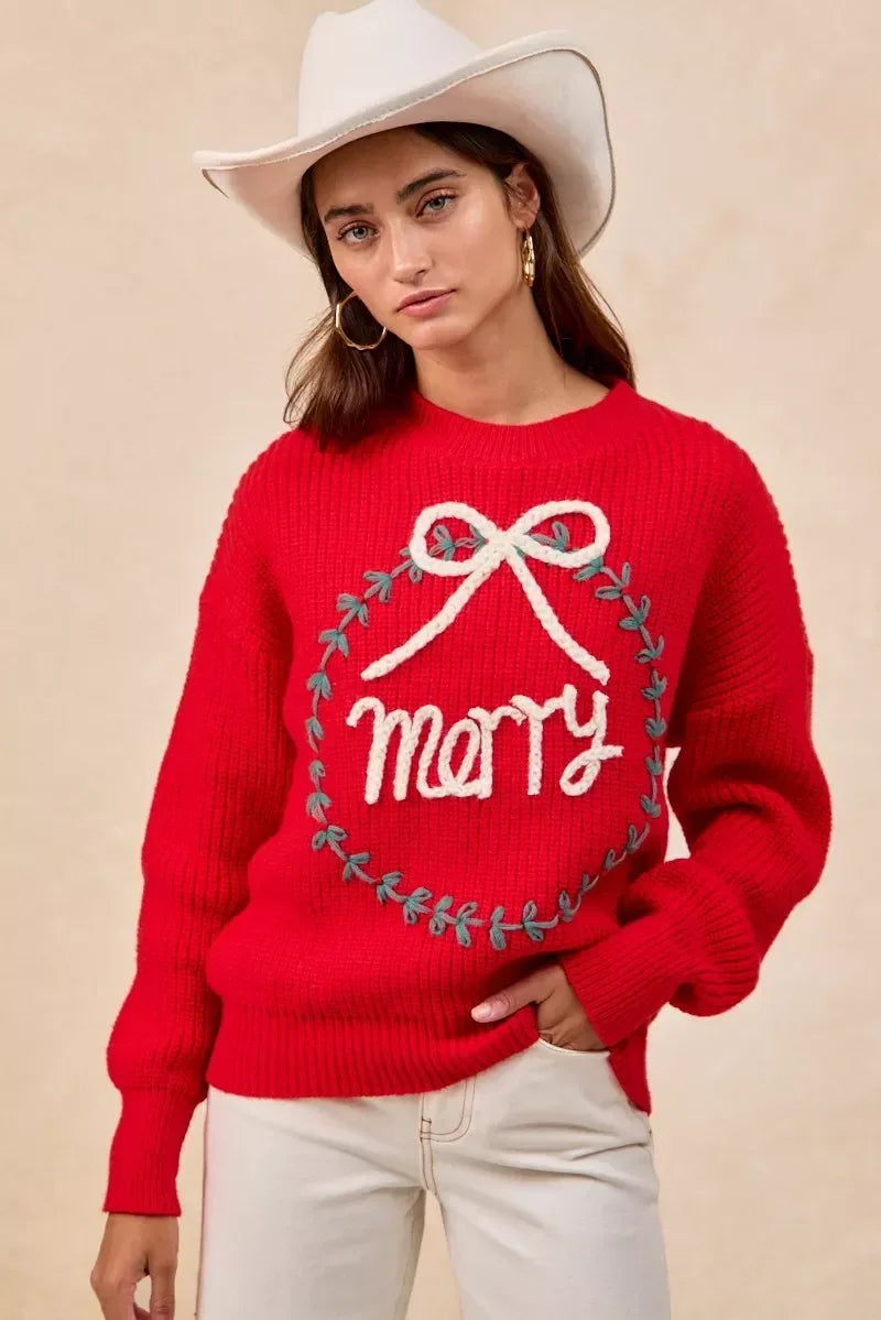 BiBi Christmas Wreath Merry Letter Knit Top - DAVERRI FASHIONS