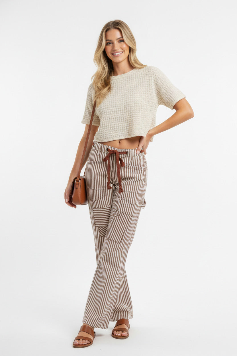BiBi Drawstring Striped Twill Barrel Pants with flared legs