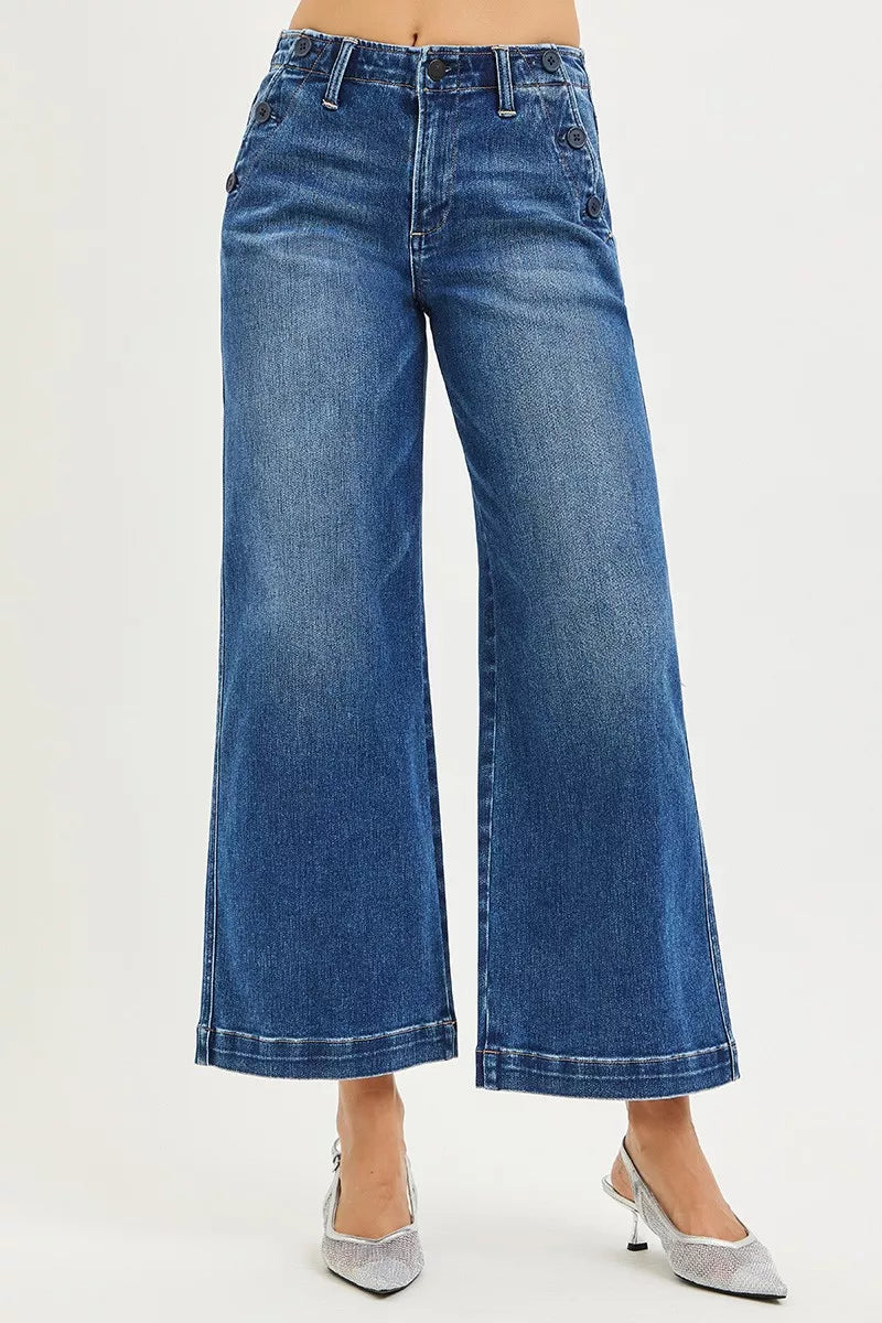 RISEN high rise wide leg blue denim jeans with pocket button detail