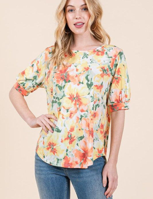 BOMBOM Floral Round Neck Puff Sleeve Top | Tops Daverri Fashions