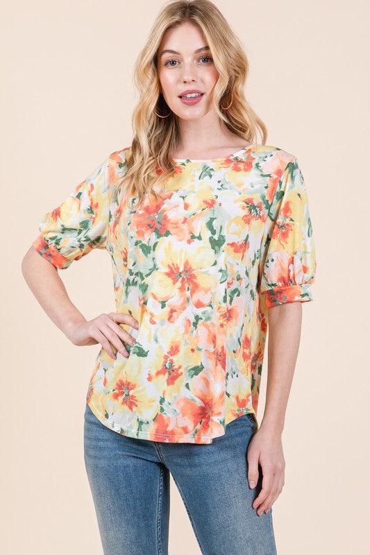 BOMBOM Floral Round Neck Puff Sleeve Top | Tops Daverri Fashions