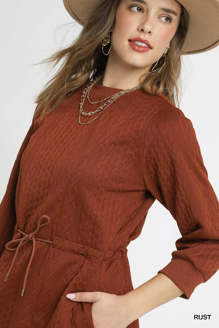 Umgee Drawstring Cable Knit Mini Dress with Pockets | Mini Dresses Daverri Fashions