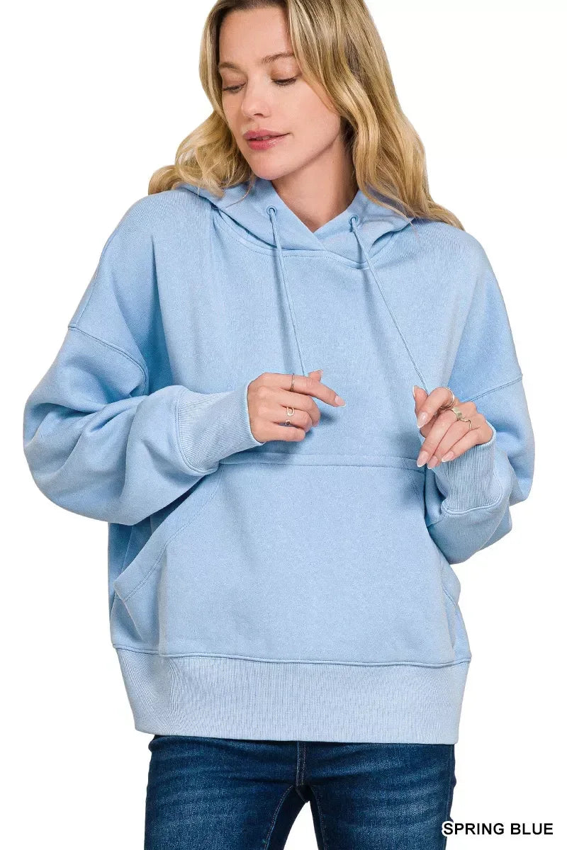 Zenana Oversized Fleece Kangaroo Pocket Hoodie Spring Blue - DAVERRI FASHIONS