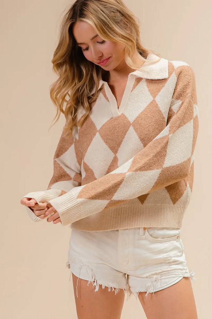BiBi Diamond Pattern Collared Notch Neck Sweater Sweaters