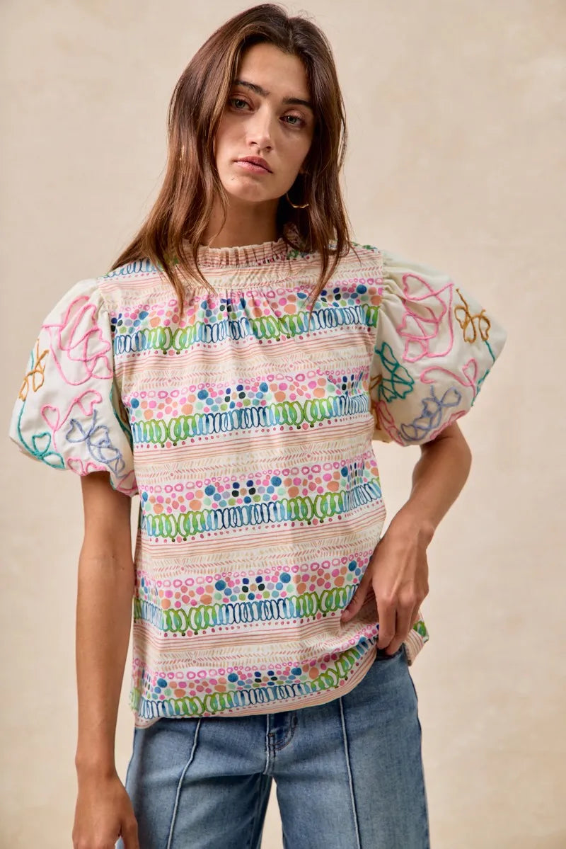 BiBi Ruffle Neckline Blouse With Embroidery Bubble Sleeve | Daverri Fashions
