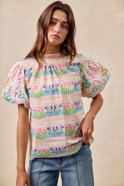 BiBi Ruffle Neckline Blouse With Embroidery Bubble Sleeve | Daverri Fashions