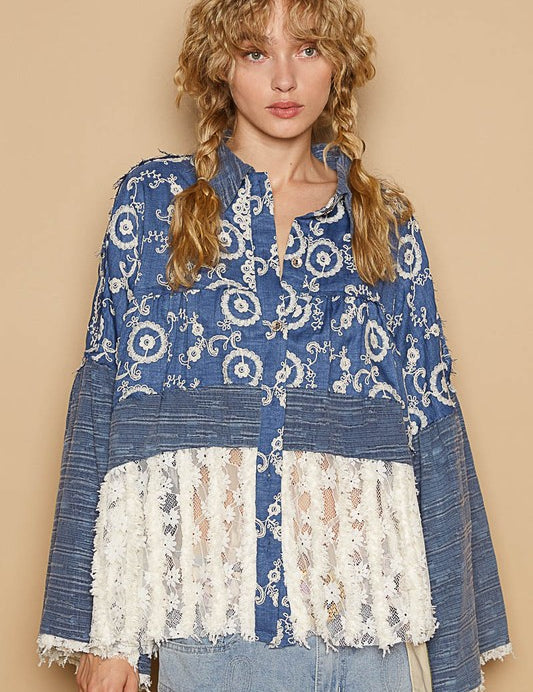 POL Lace Hem Embroidered Long Sleeve Shirt Peacock Blue M