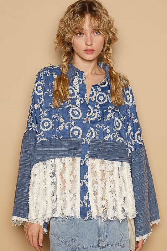 POL Lace Hem Embroidered Long Sleeve Shirt Peacock Blue M