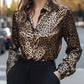 Shimmering gold black leopard print satin button-up blouse