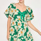 Umgee Full Size Daisy Print Mini Dress with Ribbon Details Plus Size Green Mini Dresses