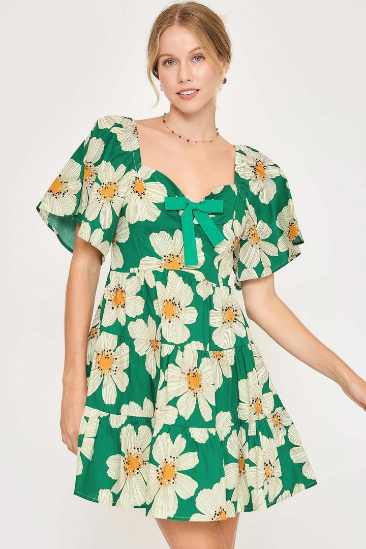 Umgee Full Size Daisy Print Mini Dress with Ribbon Details Plus Size Green Mini Dresses