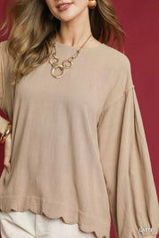 Umgee Linen Scallop Hem Long Sleeve Blouse | Blouses Daverri Fashions